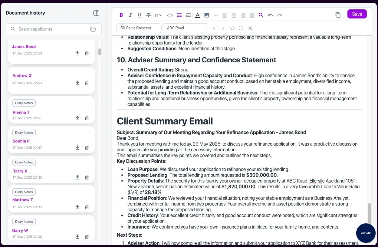 Document Automation — screenshot of the AffordX feature