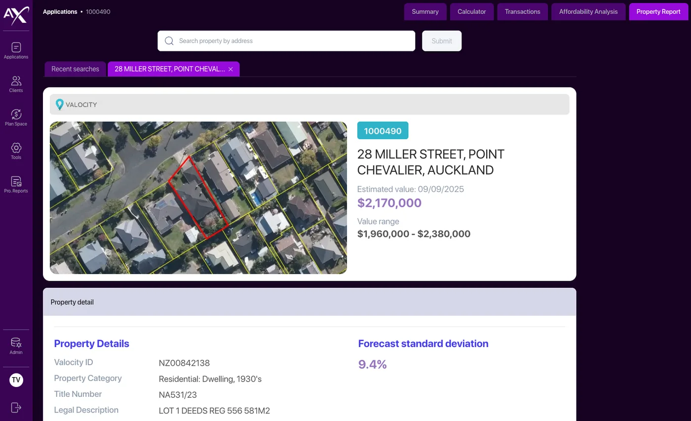 Property Valuation — screenshot of the AffordX feature